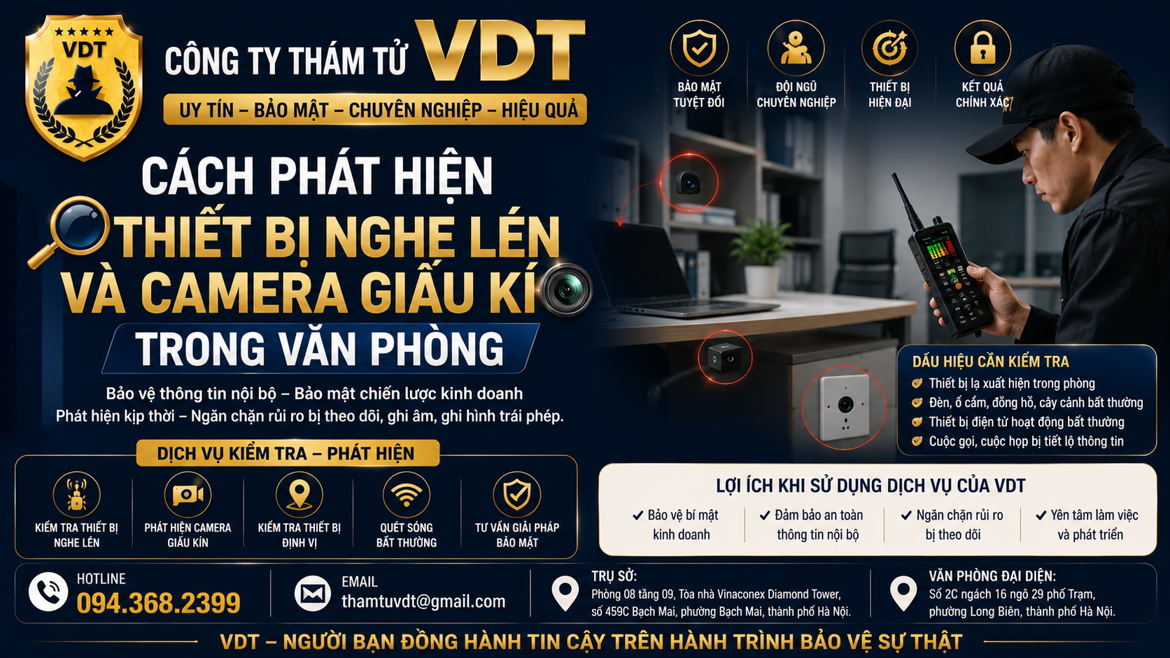 Cách phát hiện thiết bị nghe lén và camera giấu kín trong văn phòng.
